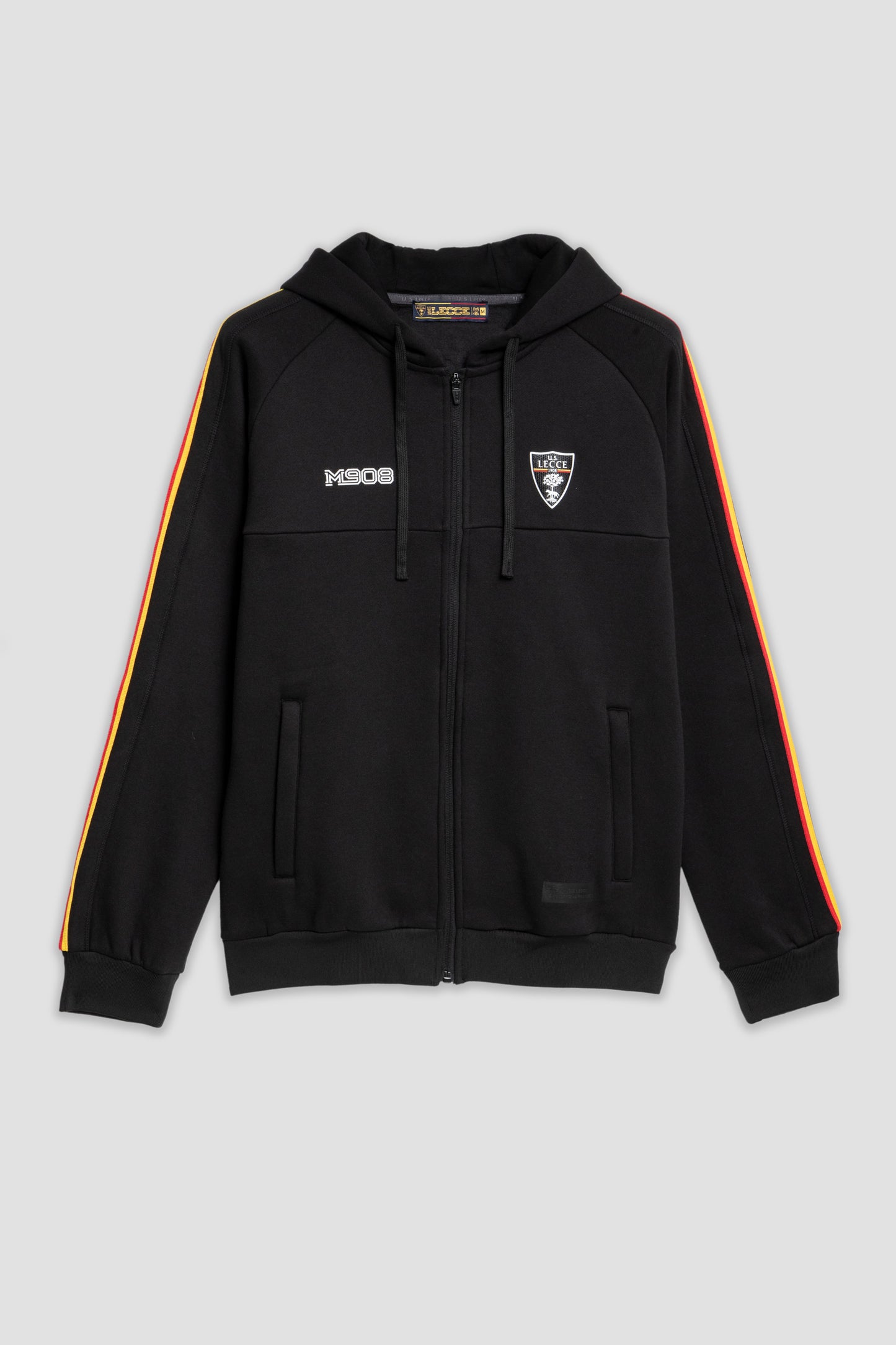 Felpa tuta nera con zip e strisce giallo-rosse