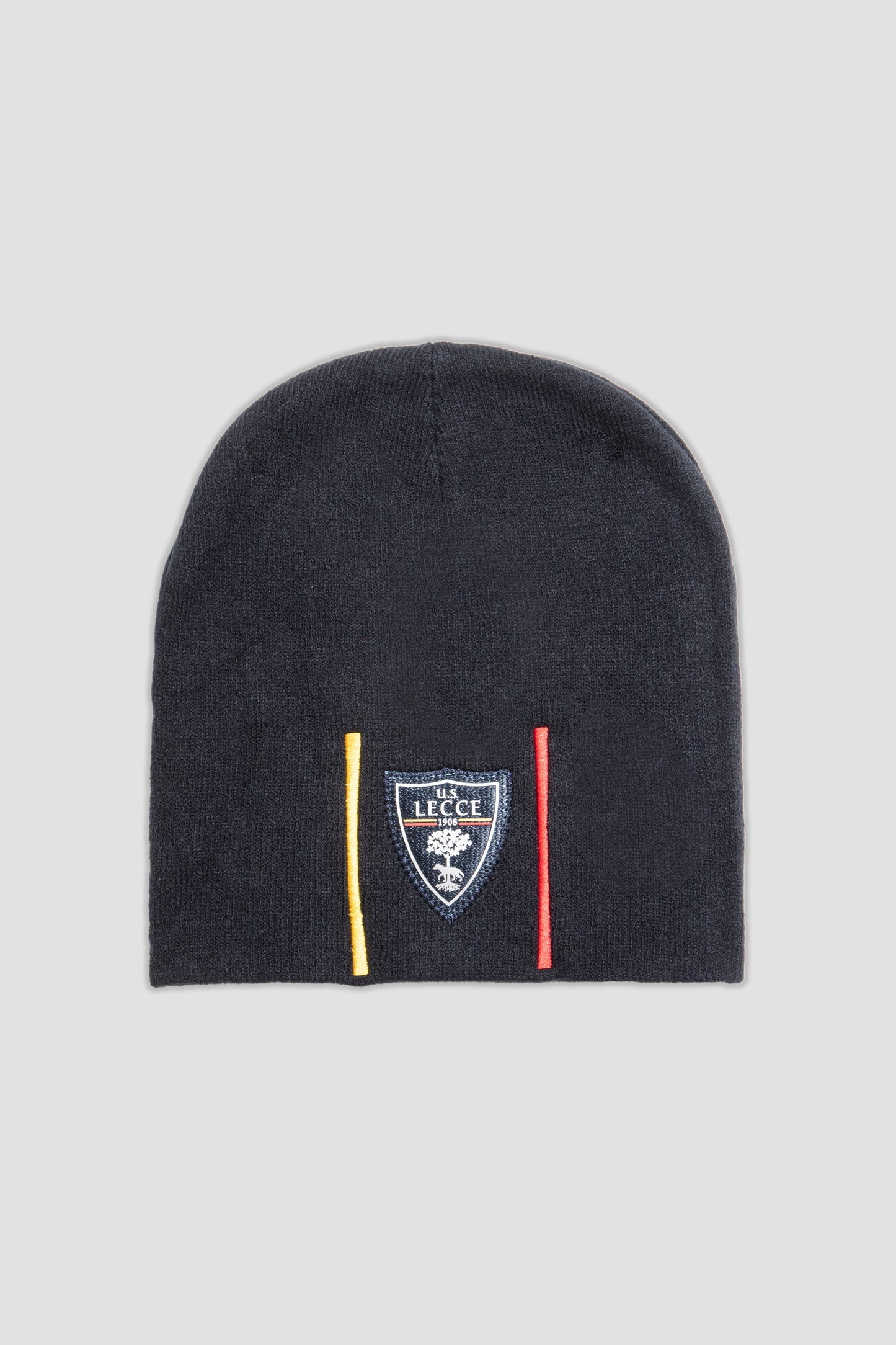 Cappellino in maglia blu navy strisce giallo-rosse