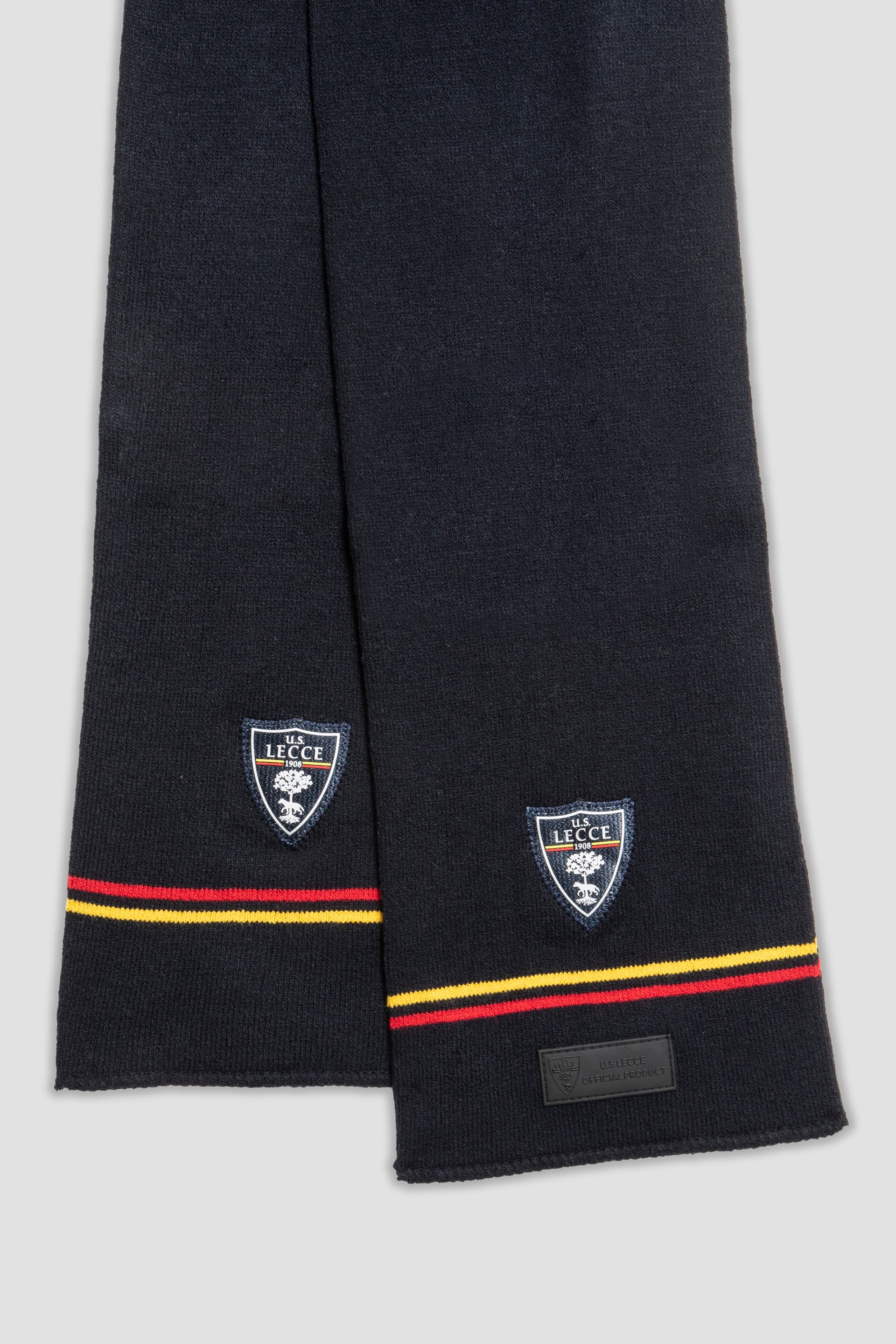 Sciarpa blu navy con strisce giallo-rosse