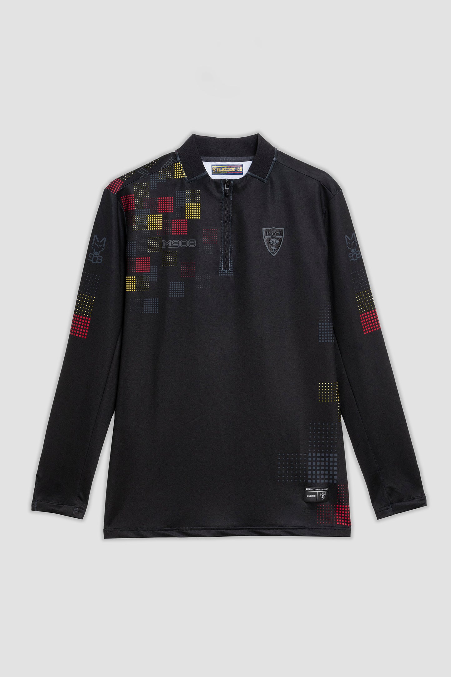 Black half-zip pre-match top with geometric pattern
