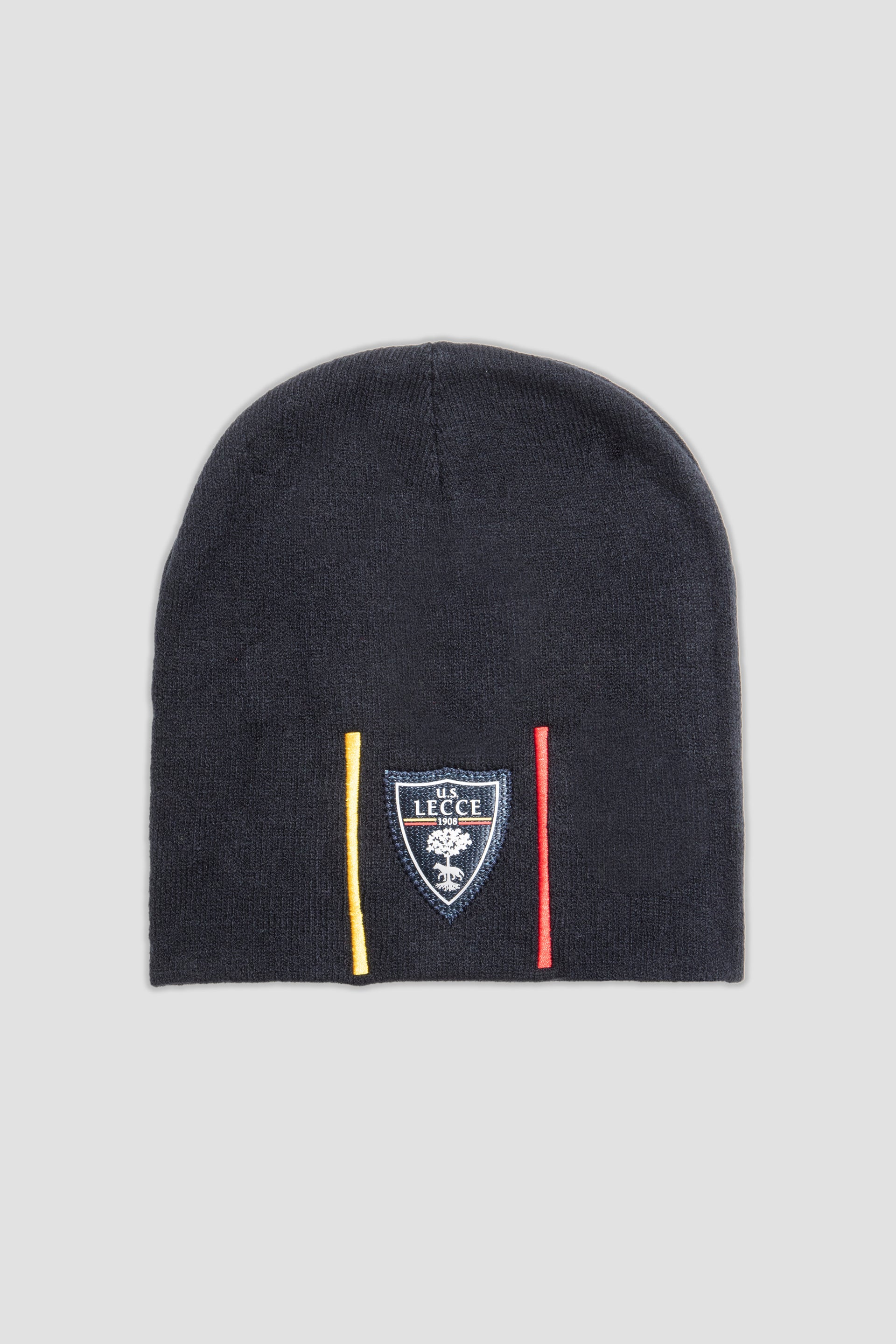 Cappellino in maglia blu navy strisce giallo-rosse