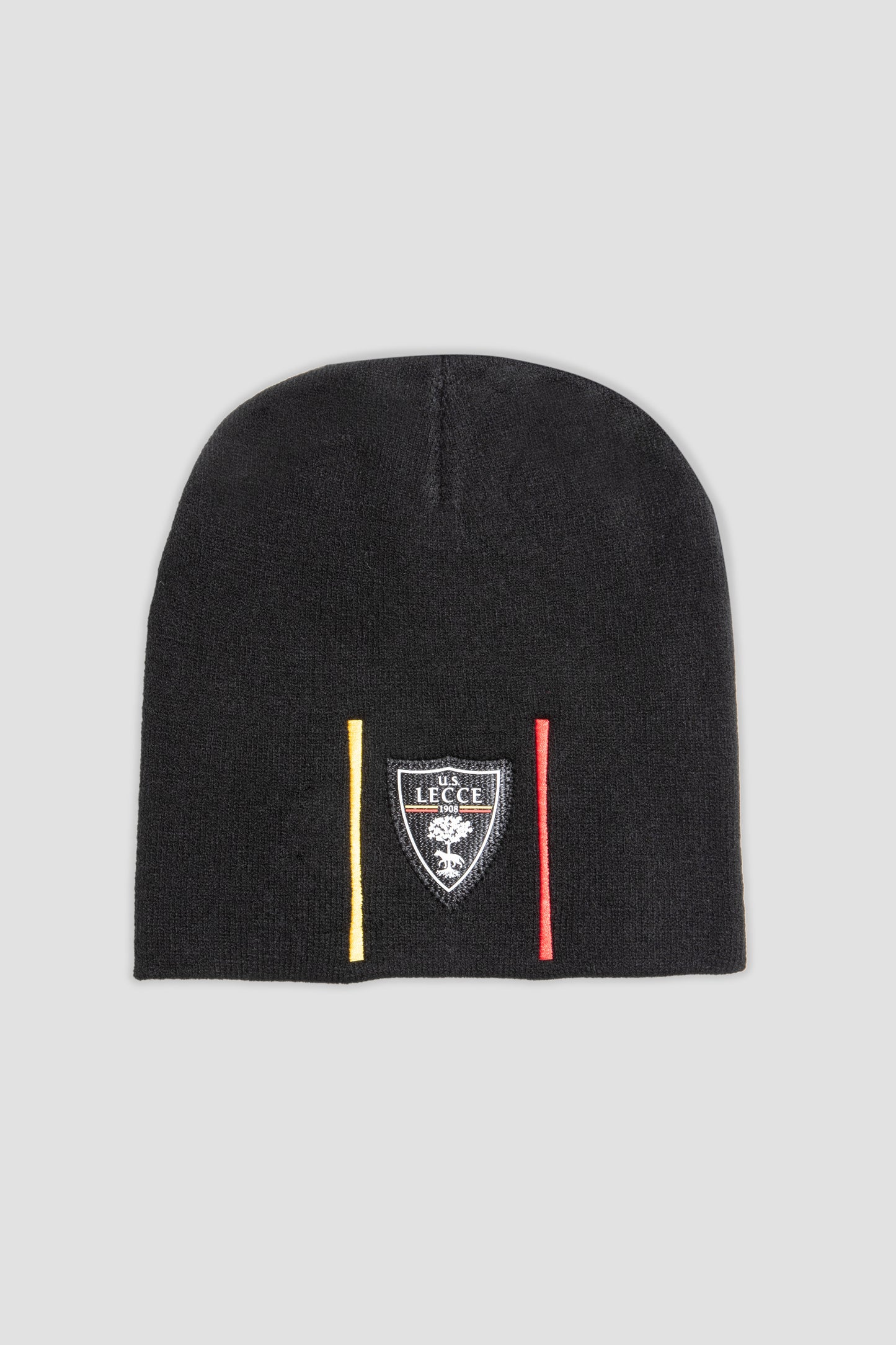 Cappellino in maglia nero con strisce giallo-rosse